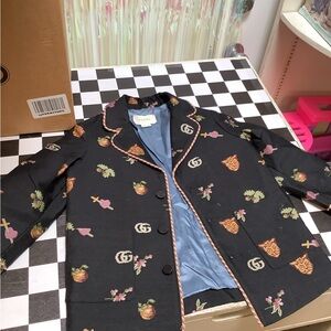 Gucci Black Floral Embroidered Jacket with Blue Lining